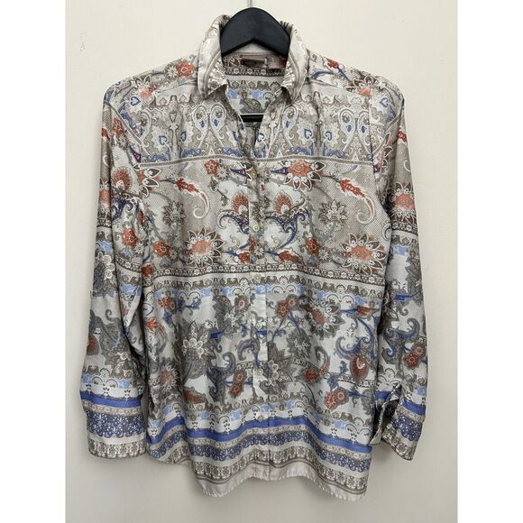 Vintage Paisley Print Button-Down Shirt with Floral Pattern Grey Blue Coral - Picture 1 of 6